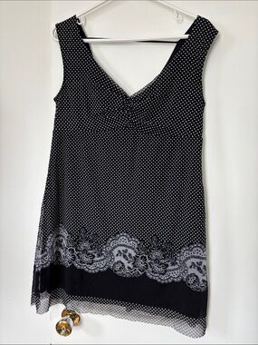 ✨ Donna Black Polka Dot Lace Trim Tunic Dress – Size L